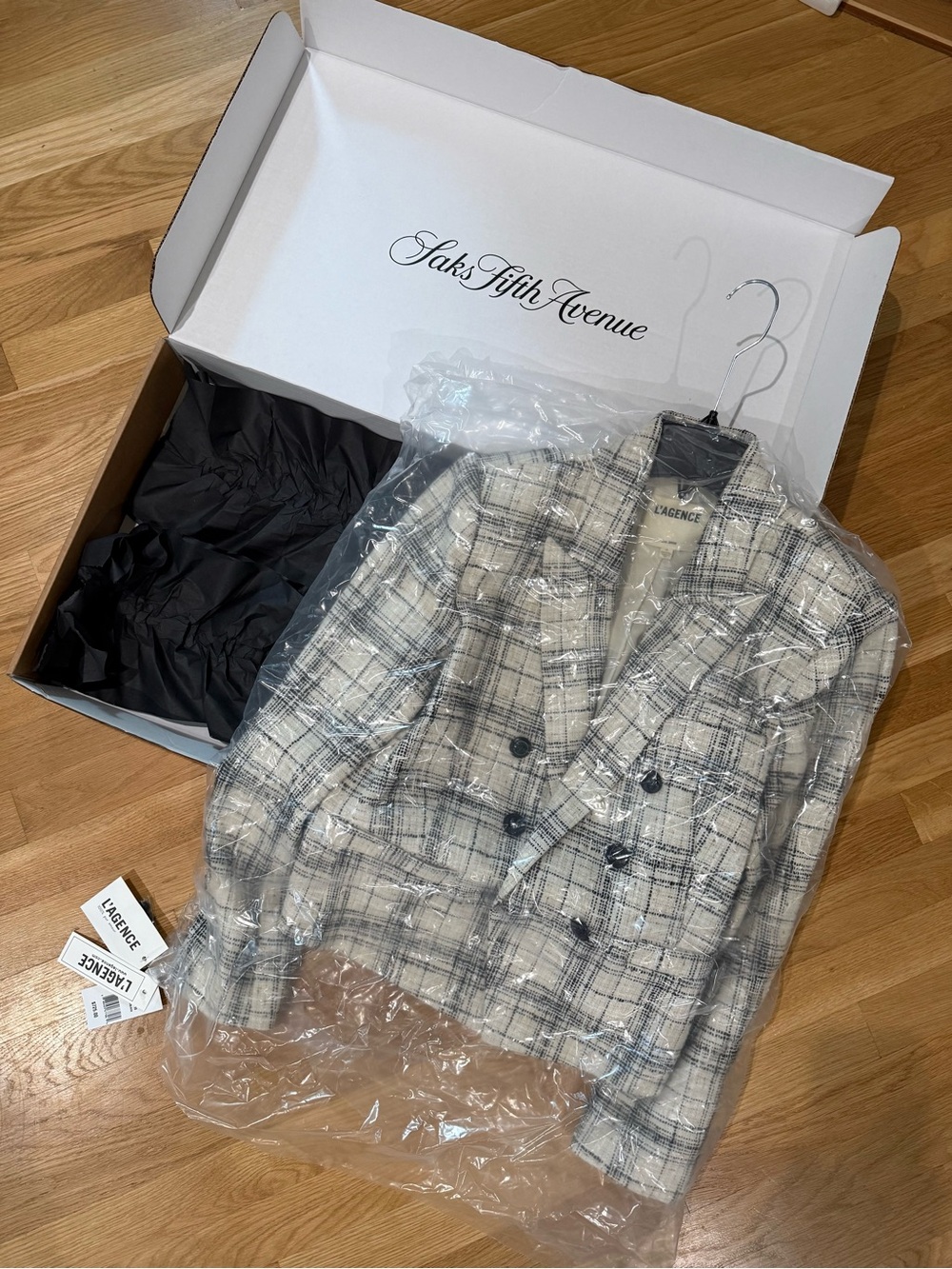 NWT L'AGENCE Cream and Black Plaid Double-Breasted Tweed Blazer - Size 10